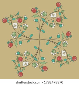 Square floral decor with flowers and red berries. Cross made of four branches of strawberry plant. Folk style.