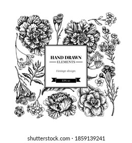 Square floral design with black and white wax flower, forget me not flower, tansy, ardisia, brassica, decorative cabbage