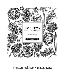 Square floral design with black and white peony, carnation, ranunculus, wax flower, ornithogalum, hyacinth