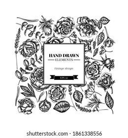 Square floral design with black and white roses, anemone, eucalyptus, lavender, peony, viburnum