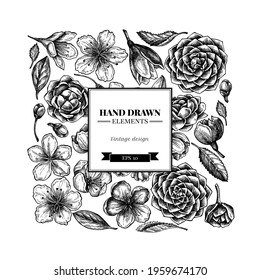 Square floral design with black and white hibiscus, plum flowers, peach flowers, sakura flowers, magnolia flowers, camellia japonica