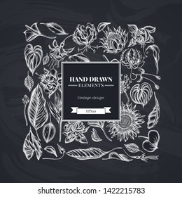 Square floral design with chalk african daisies, fuchsia, gloriosa, king protea, anthurium, strelitzia