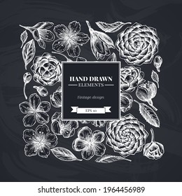 Square floral design with chalk hibiscus, plum flowers, peach flowers, sakura flowers, magnolia flowers, camellia japonica