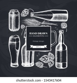 Square floral design with chalk rye, hop, mug of beer, bottles of beer, aluminum can