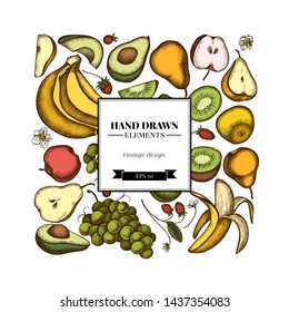 Square floral design with colored apples, pears, avocado, kiwi, grapes, bananas, strawberry