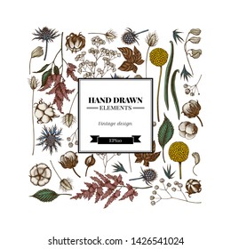 Square floral design with colored astilbe, craspedia, blue eryngo, lagurus, cotton, gypsophila