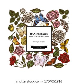 Square floral design with colored lemon butterfly, red lacewing, african giant swallowtail, alcides agathyrsus, wallace's golden birdwing, purple spotted swallowtail, forest mother-of-pearl, great