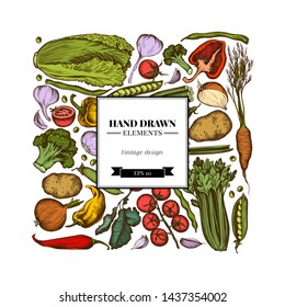 Square floral design with colored onion, garlic, pepper, broccoli, radish, green beans, potatoes, cherry tomatoes, peas, celery, beet, greenery, chinese cabbage, cabbage, carrot