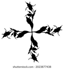 Square floral design. Cross made of four blooming branches of Lady's slipper flower. Wild orchid. Cypripedium calceolus. Black silhouette on white background.