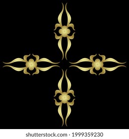 Square floral design. Cross with medieval botanical motifs. Golden glossy silhouette on black background.