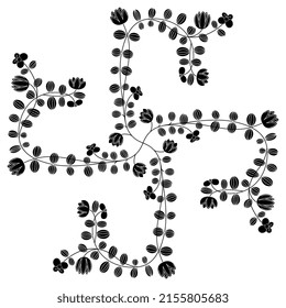 Diseño floral cuadrado con cuatro viñas florecientes. Silueta blanca y negra.