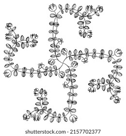 Square Floral Design With Four Blooming Vines. Hand Drawn Linear Doodle Rough Sketch. Black Silhouette On White Background.