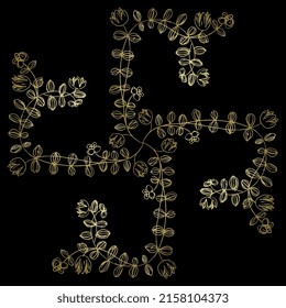 Square Floral Design With Four Blooming Vines. Hand Drawn Linear Doodle Rough Sketch. Golden Silhouette On Black Background.