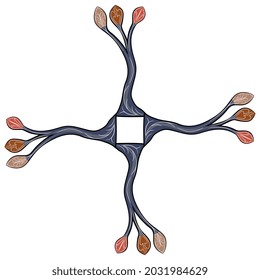 Square floral design or frame with stylized branches. Medieval illuminated manuscript style. Botanical cross.