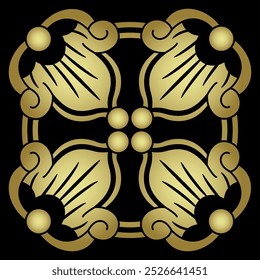 Square floral design in old Russian medieval folk style. Geometrical ornament with four stylized flowers. Black and gold silhouette.