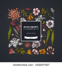 Square floral design on dark background with japanese chrysanthemum, blackberry lily, eucalyptus flower, anemone, iris japonica, sakura