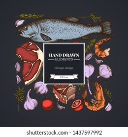 Square floral design on dark background with garlic, cherry tomatoes, fish, shrimp, beef, rosemary