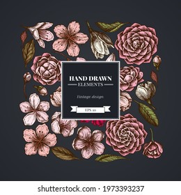 Square floral design on dark background with hibiscus, plum flowers, peach flowers, sakura flowers, magnolia flowers, camellia japonica