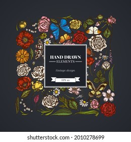 Square floral design on dark background with shepherd s purse, heather, iris japonica, sakura, gypsophila, chamomile, almond, poppy flower, calendula, blue morpho, lemon butterfly, red lacewing, great