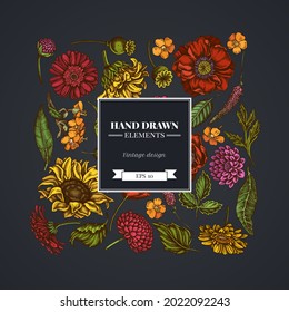 Square floral design on dark background with poppy flower, gerbera, sunflower, milkweed, dahlia, veronica