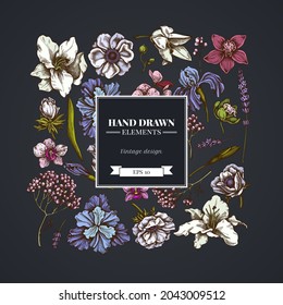 Square floral design on dark background with anemone, lavender, rosemary everlasting, phalaenopsis, lily, iris