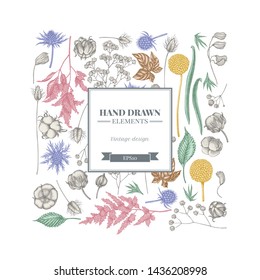 Square floral design with pastel astilbe, craspedia, blue eryngo, lagurus, cotton, gypsophila