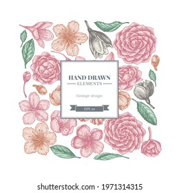 Square floral design with pastel hibiscus, plum flowers, peach flowers, sakura flowers, magnolia flowers, camellia japonica