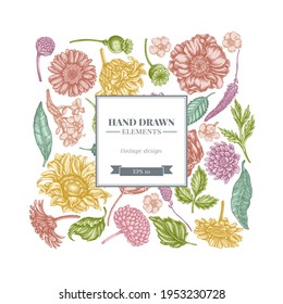 Square floral design with pastel poppy flower, gerbera, sunflower, milkweed, dahlia, veronica