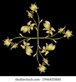 Square floral design with rose branches. Golden glossy silhouette on black background.