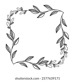Square floral empty frame. Botanical outline frame for wedding invitation.