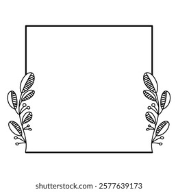 Square floral empty frame. Botanical outline frame for wedding invitation.