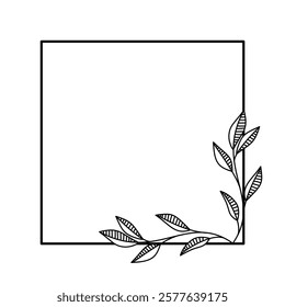 Square floral empty frame. Botanical outline frame for wedding invitation.