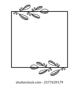 Square floral empty frame. Botanical outline frame for wedding invitation.
