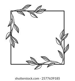 Square floral empty frame. Botanical outline frame for wedding invitation.