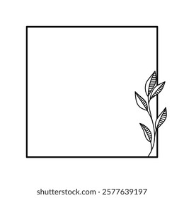 Square floral empty frame. Botanical outline frame for wedding invitation.