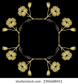 Square floral frame with blooming branches of apricot blossom. Golden glossy silhouette on black background.