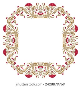 Square floral frame with blooming branches. Folk Russian medieval motif. Ornate botanical border. Isolated vector illustration.
