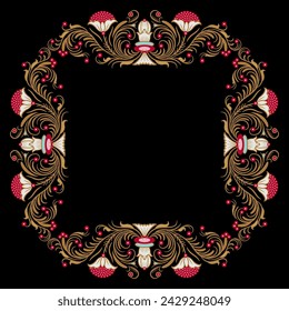 Marco floral cuadrado con ramas florecientes. Motivo medieval popular ruso. Borde botánico ornamentado. Sobre fondo negro.