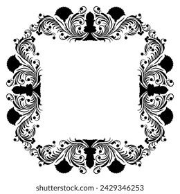 Square floral frame with blooming branches. Folk Russian medieval motif. Ornate botanical border. Black silhouette on white background.