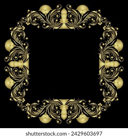 Square floral frame with blooming branches. Folk Russian medieval motif. Ornate botanical border. Golden glossy silhouette on black background.