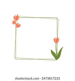 Square floral frame with cute flowers and leaves. Minimalist decorative botanical foliage borders isolated vector illustration