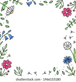 Square floral frame in doodle style. Vector background with meadow flowers for postcards, invitations, wedding cards, scrapbooking or decoupage napkins