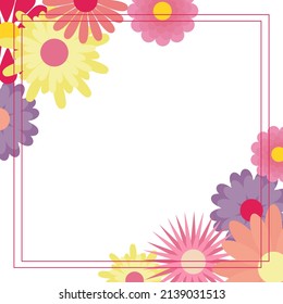 Square floral frame with flowers vector illustration. Spring or summer flowers template for design. Flowering background with space for text isolated object