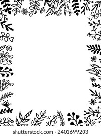 Square floral frame. Foliage Holiday card with copy space. Universal floral template. Floral hand drawn outlined twigs branches, black and white background.