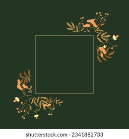 Square floral frame framed along the contour with field plants in autumn colors on green background