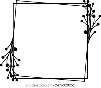 Marco floral cuadrado aislado sobre fondo blanco. Borde con hojas, coronas, Elementos de flores. Dibujado a mano boceto estilo lápiz.