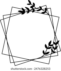 Square floral frame isolated on white background. Border with leaves, wreaths, flower elements. Hand drawn sketch pencil style.