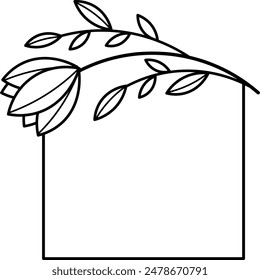 Marco floral cuadrado aislado sobre fondo blanco. Borde con hojas, coronas, Elementos de flores. Dibujado a mano boceto estilo lápiz.