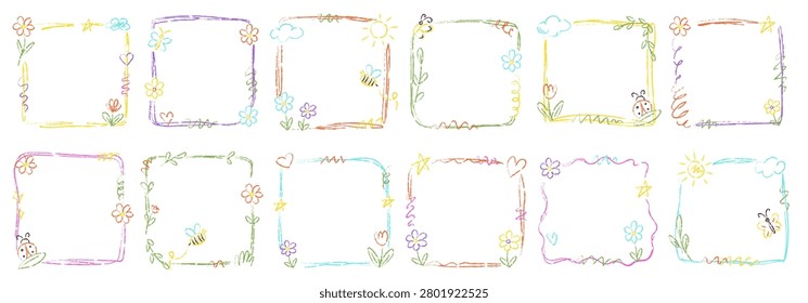 Square floral frame set with doodle line borders, bee, cloud, leaf, and swirl detail. Symbol of spring, nature, greeting, scrapbook, and wedding decor. Cartoon vector illustration.