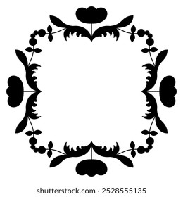 Square floral frame with stylized flowers. Botanical rectangular with blooming branches. Folk style. Black silhouette on white background.